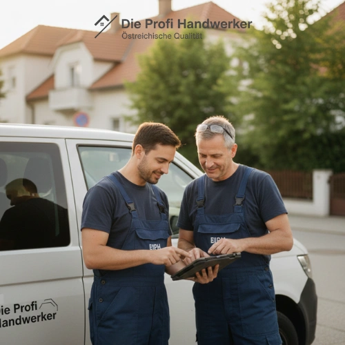 Handwerker Team in Niederösterreich – zwei Profis besprechen Auftrag vor Einsatz mit Tablet